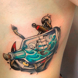 Neotraditional ship in a bottle