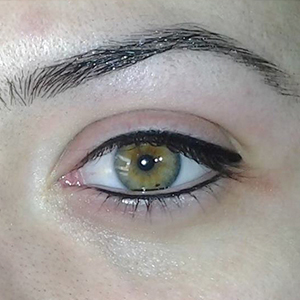 Contorno de ojos por micropigmentación con bordes alados superiores e inferiores.